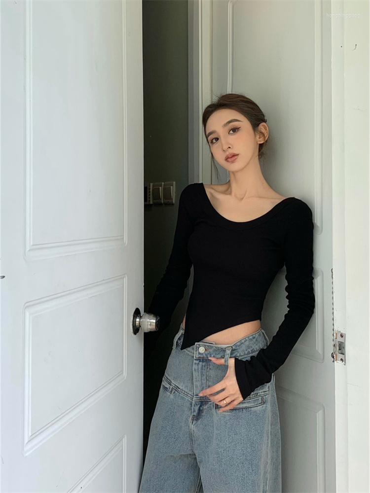 

Women's T Shirts Hsa Woman T-shirt Korean Fashion Solid Backless Blouses Spring Casual Long-sleeved Top Cotton Women Clothing, Gzrh246 black