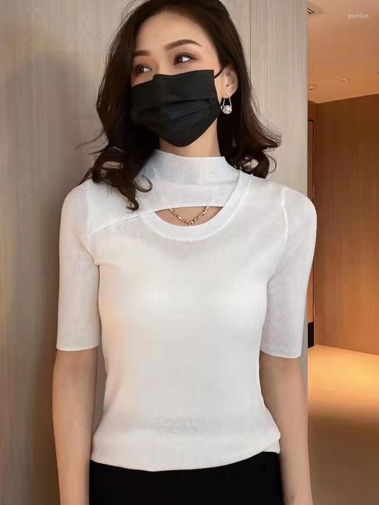 

Women's T Shirts Hollow Out Knitted Tops Shirt Women Short Sleeve Thin Tees 2023 Summer T-Shirts Half Turtleneck Tshirt Korean Fashion, Black