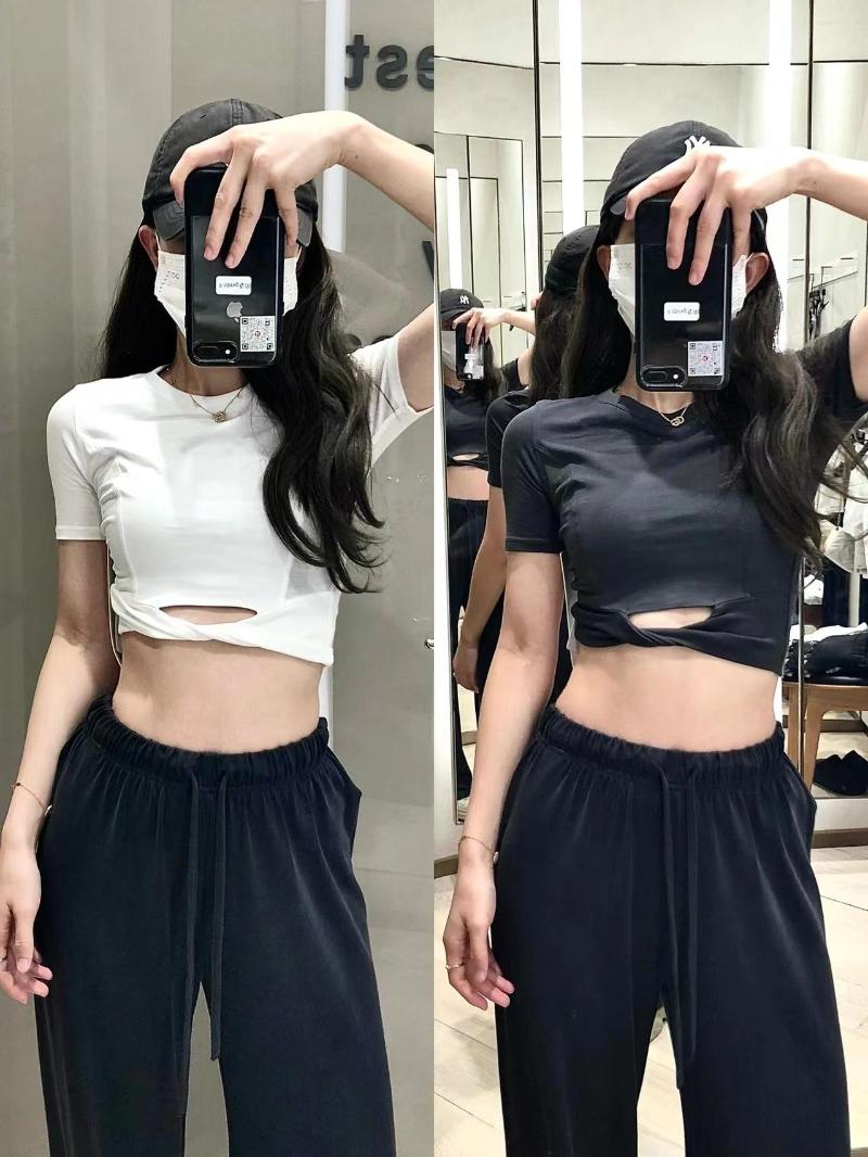 

Active Shirts Summer Cropped Women's Sexy Charm Cotton Rib T-shirt Short Sleeve High Waist Dried Yoga Suit Outdoor Sports, Black