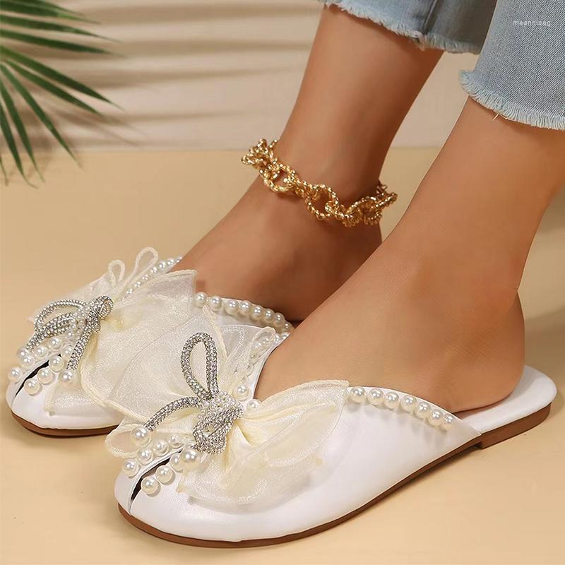 

Slippers Designer Slingback Women Bow Beads Flats 2023 Summer Sandals Mules Shoes Flip Flops Casual Zapatos Walking Slides, Black