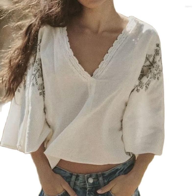

Women's Blouses 2023 Women's Fashion Unique Embroidered Shirt Retro Casual V-neck Bat Sleeve Linen Blend Top High Quality White, As shown