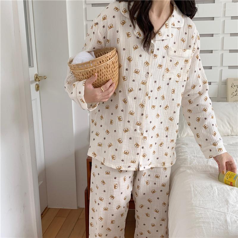 

Women's Sleepwear Spring Autumn Pajama Set Women Gauze Cotton Tiger Print Cartoon Pants Suit Pyjama 2 Piece Crepe Soft D161, Apricot
