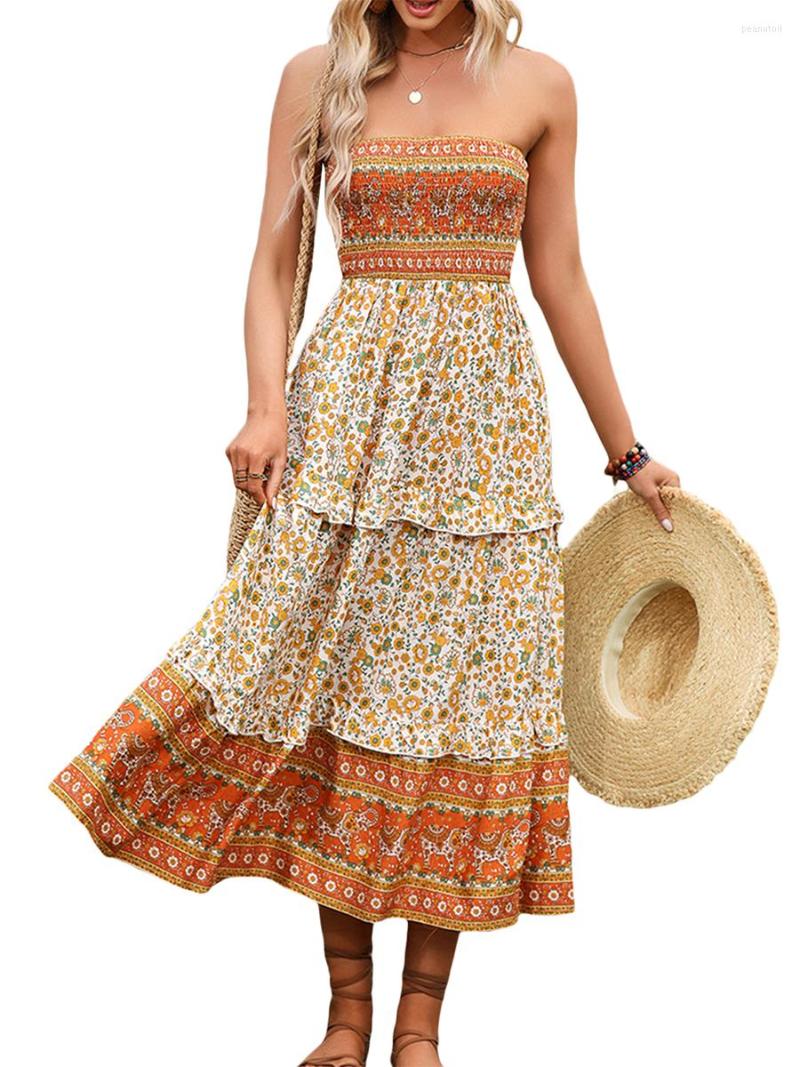 

Casual Dresses Women Tube Dress Strapless Backless Flower Print Patchwork Summer Long For Party, Orange