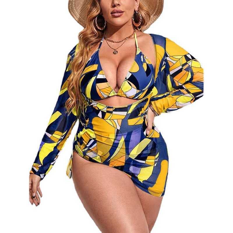 

Women's Plus Size Swimwear Women's Plus Size Bikini Set Mesh Drawstring Halter 3 Pieces Swimsuit Bathing Suits Z0508