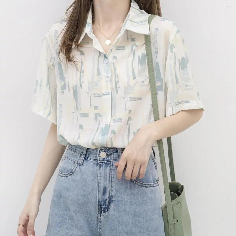 

Women' Blouses Vintage Chiffon Short Sleeve T-Shirt Print Beautiful Women' 2023 Summer Korean Fashion Loose Casual Top, Green