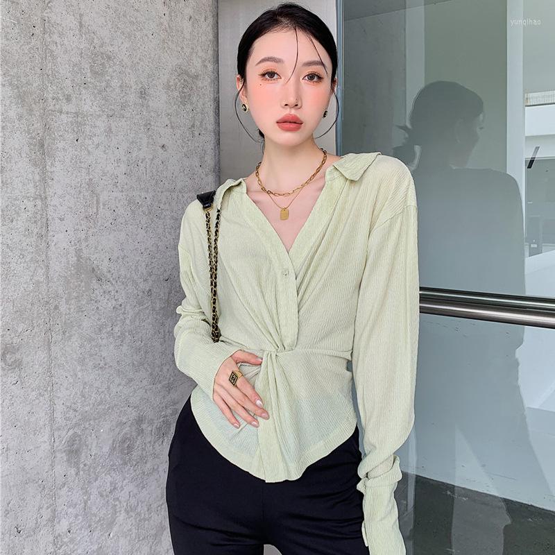 

Women' Blouses 2023 Spring Shirt Woman Chic Irregular Knotted V-Neck Blouse Leisure Solid Color Slim European Style Female Tops Streetwear