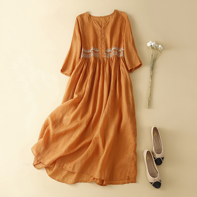 

Casual Dresses Summer Vintage Cotton Dress for Women Short Sleeve Single-Breasted Shirt Dresses Casual Loose Embroidery Vestidos 230509, Orange