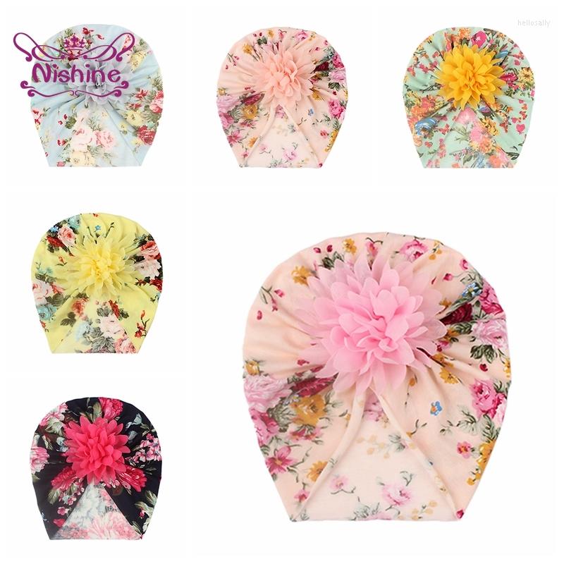 

Berets 1 PCS 18 19 CM Lovely Handmade Flowers Baby Girls Hat Fashion Floral Pattern Infant Beanie Cap Children Print Headwear Kids Gift