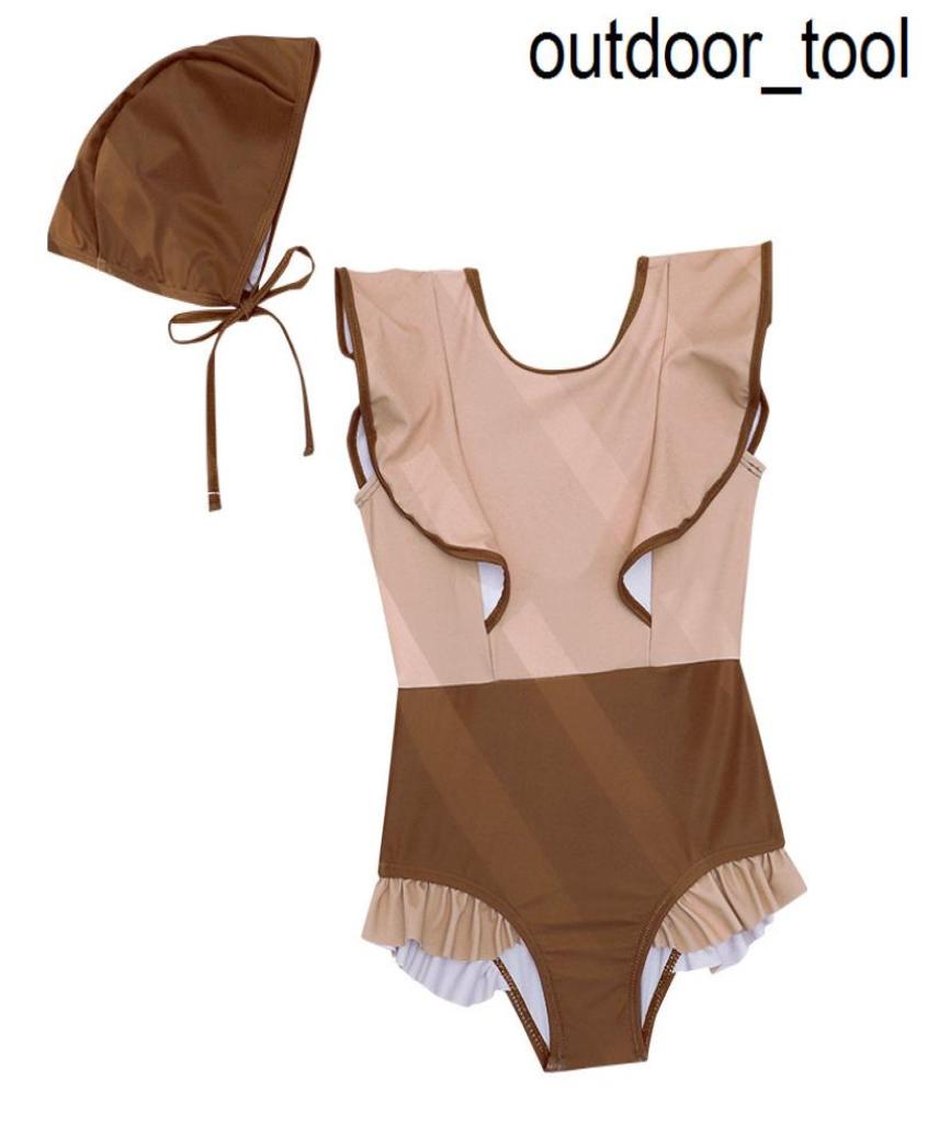 

2022 Halter bow Beachwear With Cap Girls Swimwear Children039s Swimsuit Tightfitting Beach Bikini Onepiece Swimsuit SW1795862546