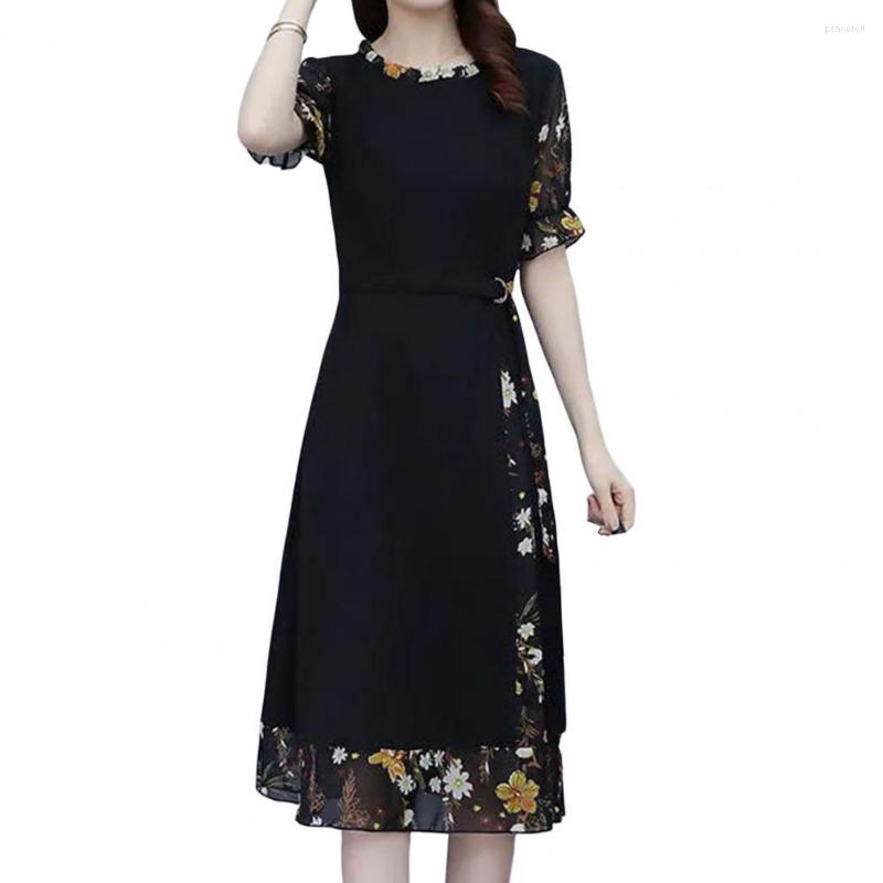 

Casual Dresses O-neck Puff Short Sleeve Midi Dress Women Belt Waist Tight Loose Hem Fake Two Piece Floral Patchwork A-Line Daily Clothing, Black