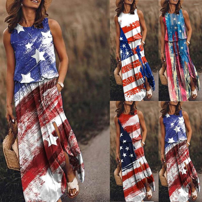 

Casual Dresses Women Ladies Sexy Printing Fashion Round Neck Loose Split Sleeveless Dress Independence Day Summer For 202, Blue