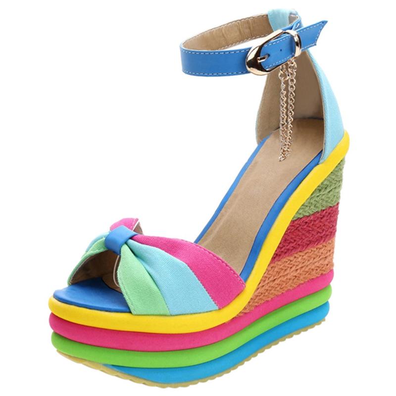

Sandals 2023 Summer Women Women's Ladies Wedges High Multicolor Patchwork Peep Toe Roman Shoes Heels, Blue
