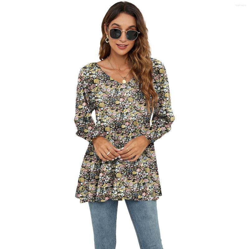 

Women's T Shirts Fashion Floral Print Shirt Woman V Neck Puff Long Sleeve Top Casual Autumn Clothes Female Tops Loose Tee Streetwear Mujer