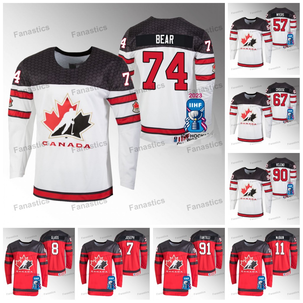 

Canada Jersey 2023 IIHF World Championship Red Away Jersey Cody Glass Milan Lucic Justin Barron Jack Quinn Sam Montembeault Tyler Myers Lawson Crouse Ethan Bear, Red away youth s-xl