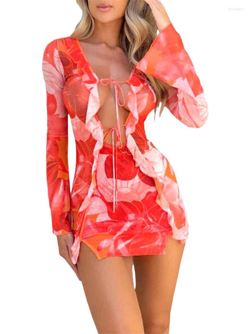 

Women's Swimwear Women S Ruffle Trim Y2K Mini Dress Long Sleeve Mesh See Through Sexy Slim Fit Short Dresses, G red
