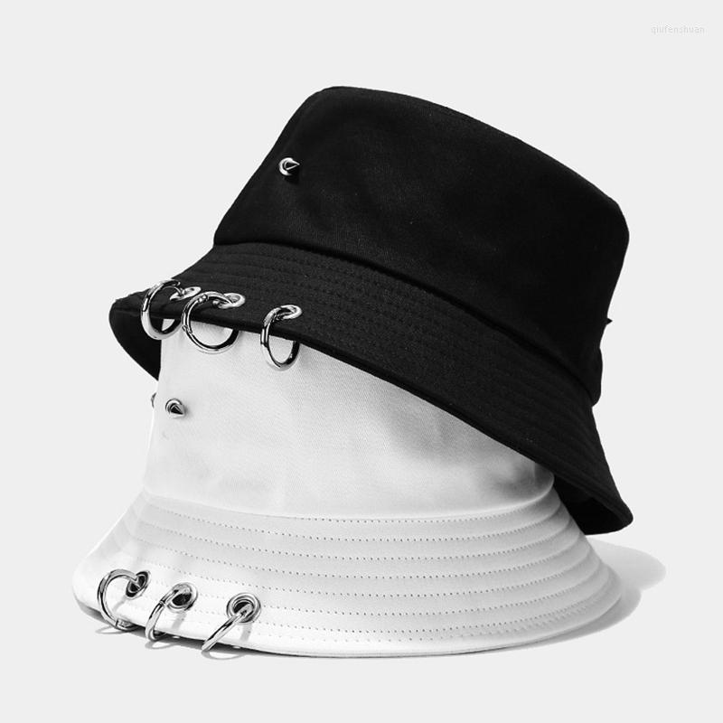 

Berets Jungkook Harajuku Hip Hop Solid Color Bucket Hat Spiked Rivets Metal Rings Outdoor Wide Brim Sunscreen Fisherman Cap, White