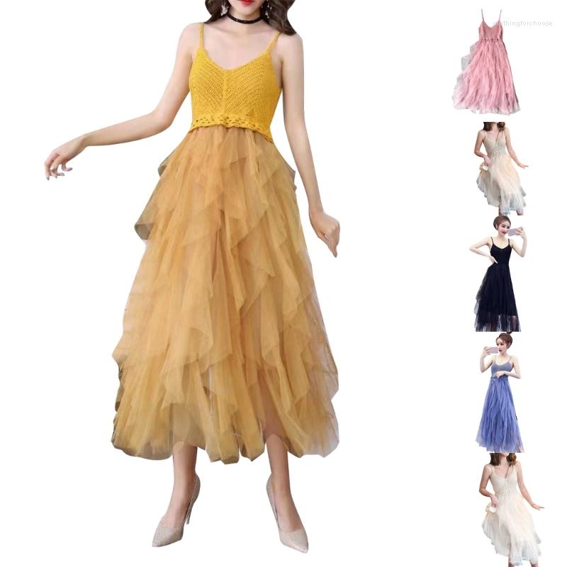 

Casual Dresses Women Summer Knit Spaghetti Strap Sweet Tulle Mesh Layered Beach Midi Long Dress, Black