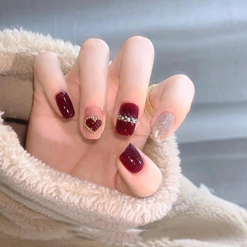 

False Nails 24pcs Long Red Press Nail Cute Pearls And Heart Design French Fake Removable Holographic Gel Wearable Art Jewelry, Jelly glue model