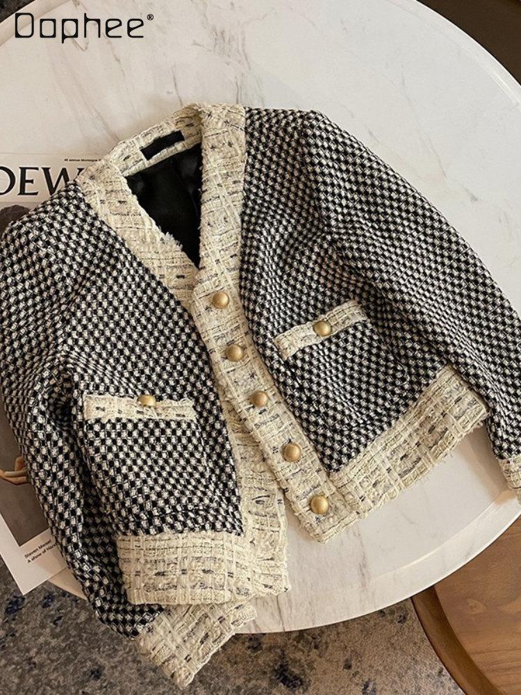 

Fur Elegant Contrast Color Short Tweed Coat for Women 2022 Autumn New Fashion Woman AllMatch Vneck Long Sleeve Plaid Jacket Female, Picture color