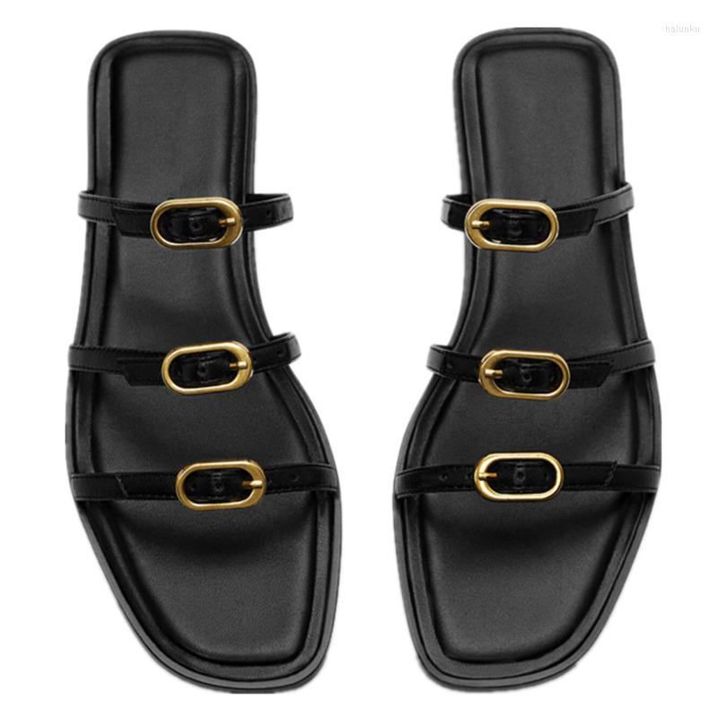 

Slippers Flat Sandals Shoes Women Indie Folk Retro Buckle 2023 Summer Genuine Leather Casual Fashion Pure Corium, Black