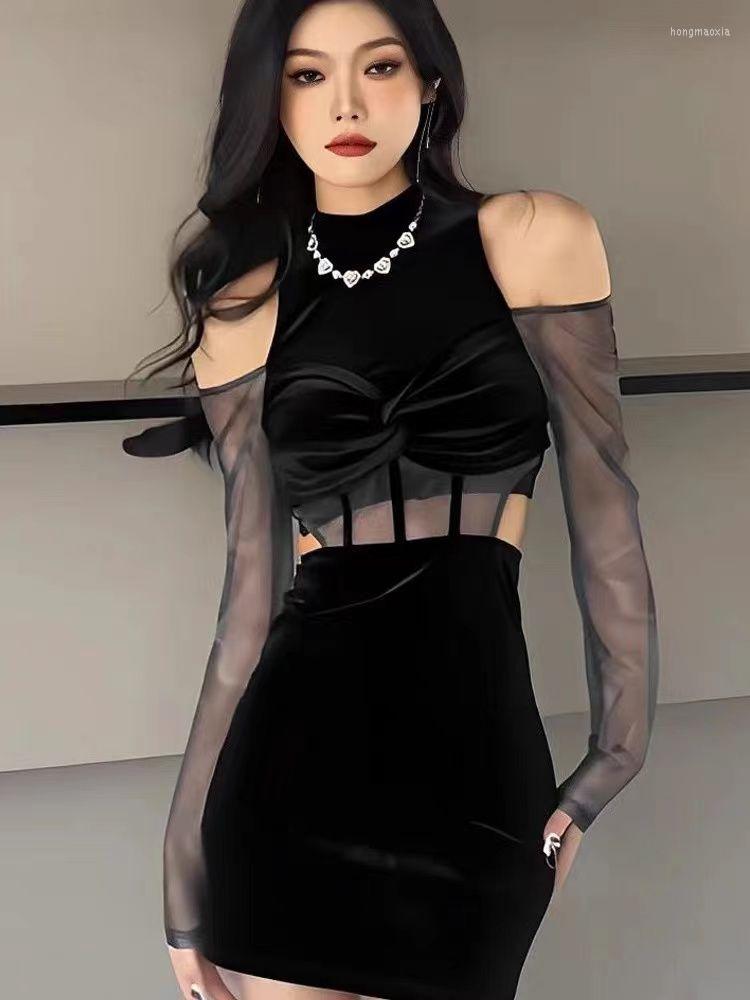 

Casual Dresses Off Shoulder Hollow Out Causal Women Dress Slim Waist Tunic All Match Gauze Y2k Aesthetic Sexy Fashion Elegant Vestidos, Black