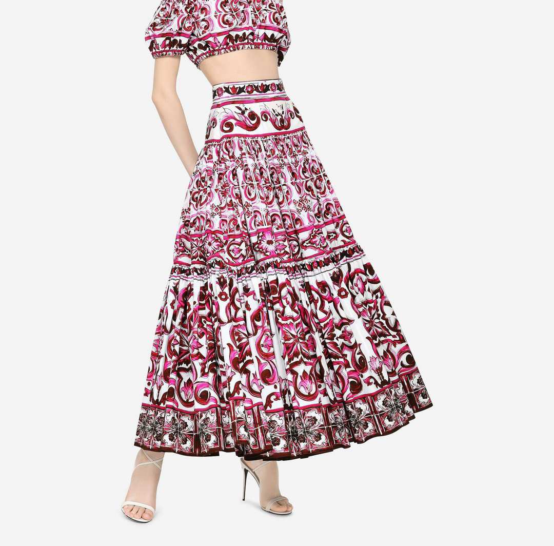 

A line skirt fashion band red and white porcelain printed cotton skirt