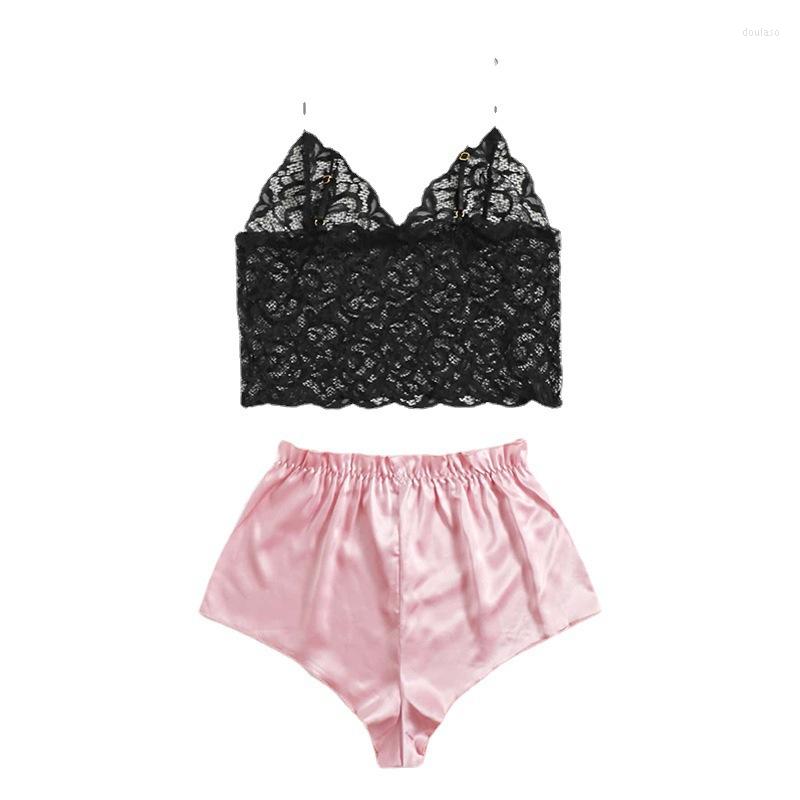 

Women' Sleepwear Black Lace Floral Strap Top&shorts Pajamas Suit Lady Pink Satin Pants Elastic Waist 2Pcs Nightwear Hollow Out Homewear