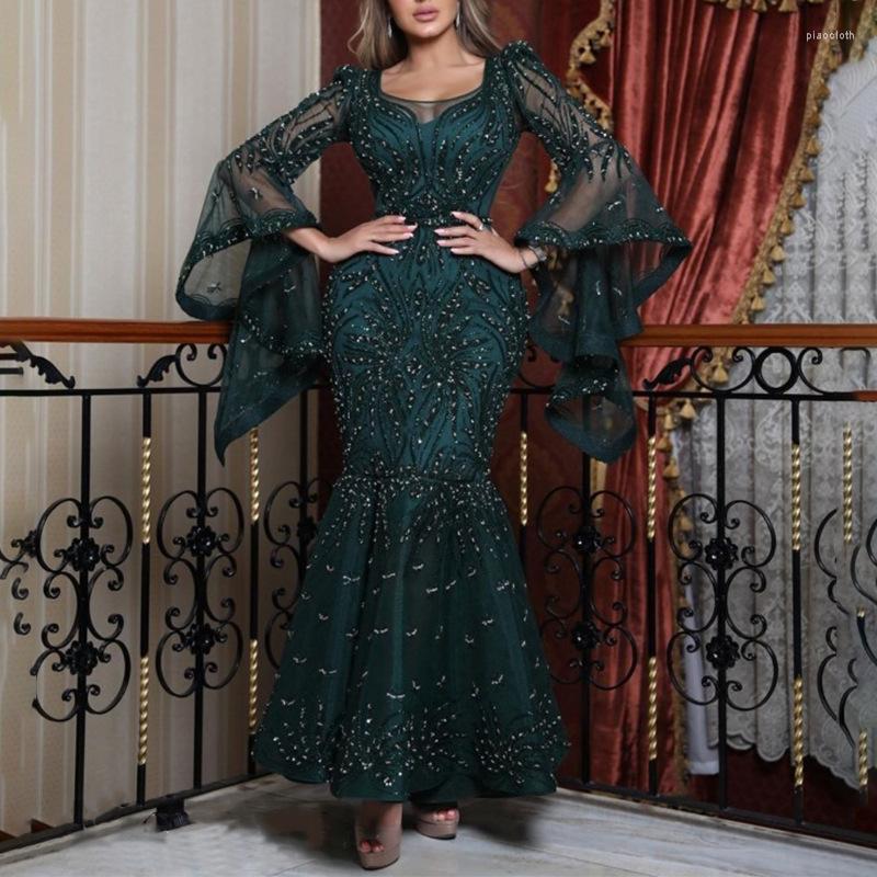 

Casual Dresses Sexy Women Party Dress Sheath Empire Lace Floor-Length Dark Green Sprinkle Gold With Long Sleeves Maxi Lugentolo