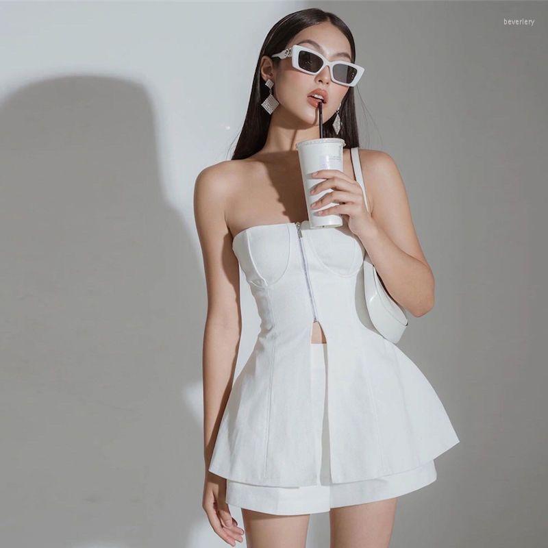 

Women' Tracksuits Girl Elegant Suit Women' Summer White Sexy Strapless Zipper Top High Waist Shorts Two-piece Set Fashion Female, 2pc set