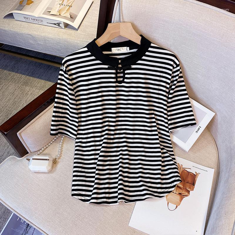 

Women's T Shirts -4XL Large Size Striped Retro Basic T-shirt Women Summer Fashion Chinese Style Button Loose Casual Short-sleeve Oversize, Black