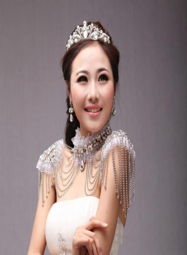 

Sparkly Rhinestone High Collar Bridal Shoulder Chain Tulle Edge Tassels Women Wedding Dress WrapsJackets Luxury Bride Body Access1209477, White