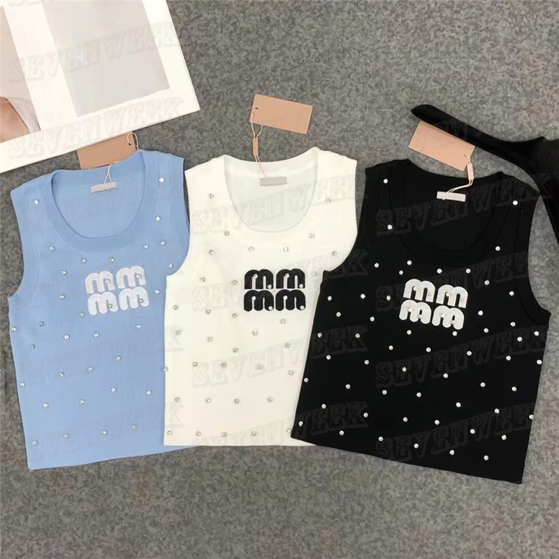 

Rhinestone Letter Knits Vest Tank Top For Women Sleeveless Knitted Sweater Fashion Style Sports Vests, Black