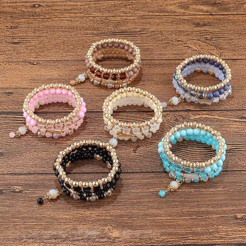 

Selling Bohemian Beaded Bracelet Geometric Strands Round Glass Beads Diamond Embedded Stretch Set