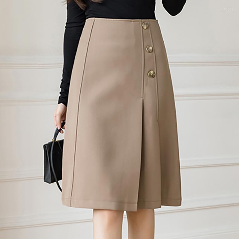 

Skirts Pleated Elegant Office Lady High Street 2023 Autumn OL Korean Style Button Midi A-Line Skirt Women Work Wear Saias Mujer, Black