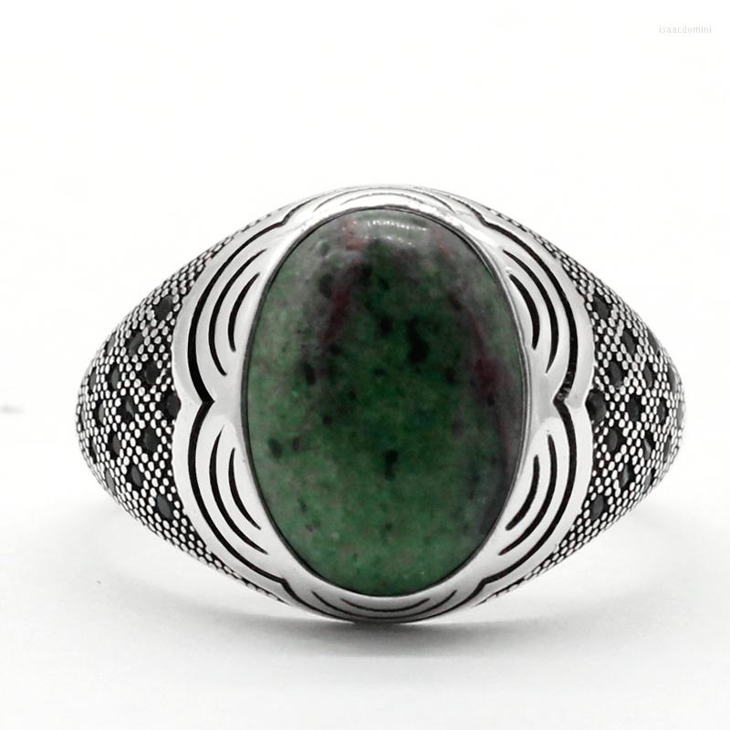 

Cluster Rings S925 Sterling Silver Inlaid Oval 14 10 Natural Green Agate Gemstone Men's Ring Turkish Jewelry