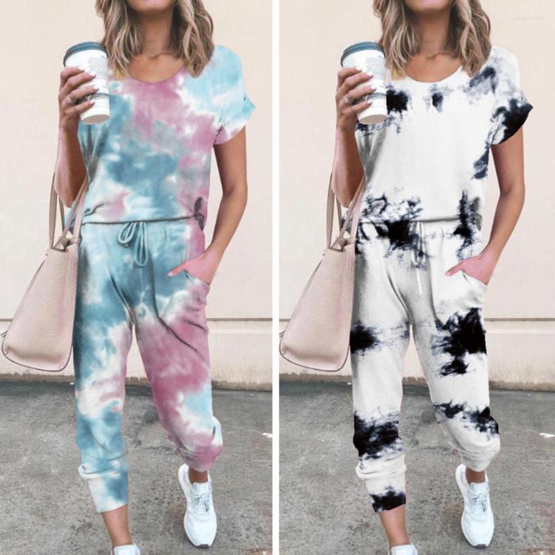 

Women's Two Piece Pants 2 Pcs/Set Summer Top Set Irregular Tie-dye Short Sleeves Keep Cooling Elastic Waist Drawstring Women Trousers, Black