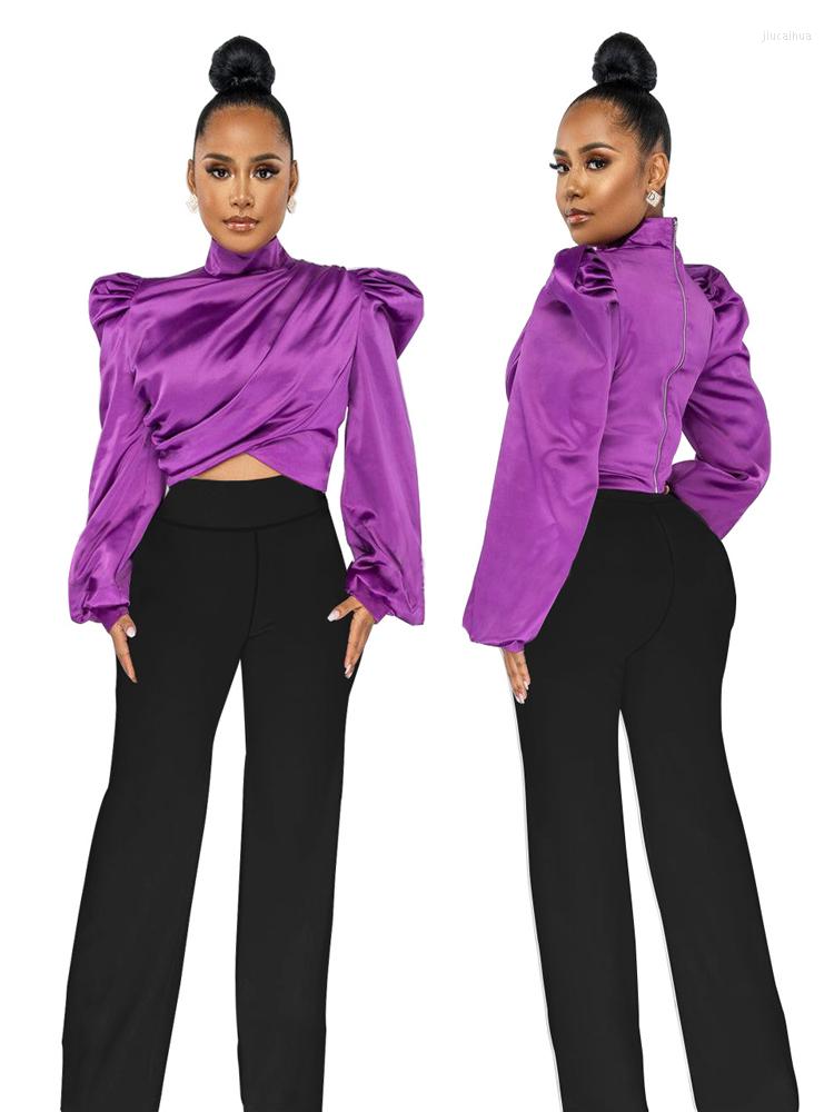 

Women' Blouses Purple Elegant Satin Cropped Turtleneck Women Fashion 2023 Spring Tops Puff Lantern Sleeve Zip-Up Shirts Female Blusas, Green