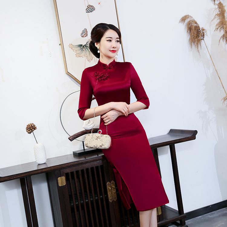

Ethnic Clothing Medium And Long Seven-length Wine Red Wedding Banquet Dress Acetate Satin Cheongsam 2023 Young Chinese Style
