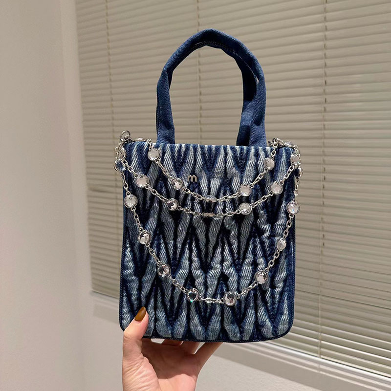 

MM Chic Small purse Denim wallet with Underarm Wrinkles Single Shoulder Crossbody Strap Faux Crystal Diamond Embellishments Weekend Travel Bags 20CM, Blue-denim#1