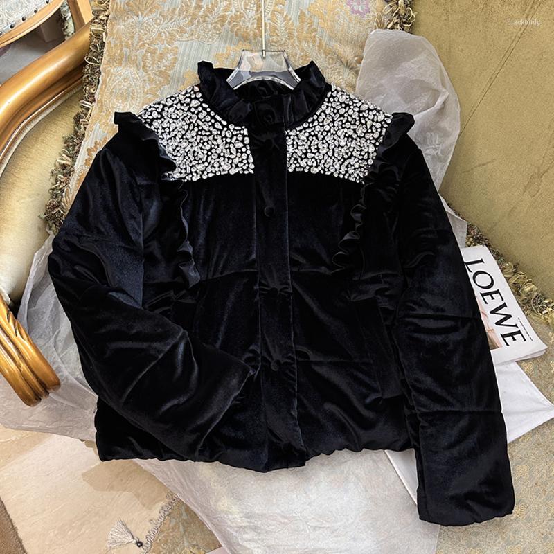 

Women' Trench Coats 2023 Winter Fashion Warm Coat Heavy Rhinestone-Encrusted Wooden Ear Velvet Quilted Light Luxury Black Cotton-Padded