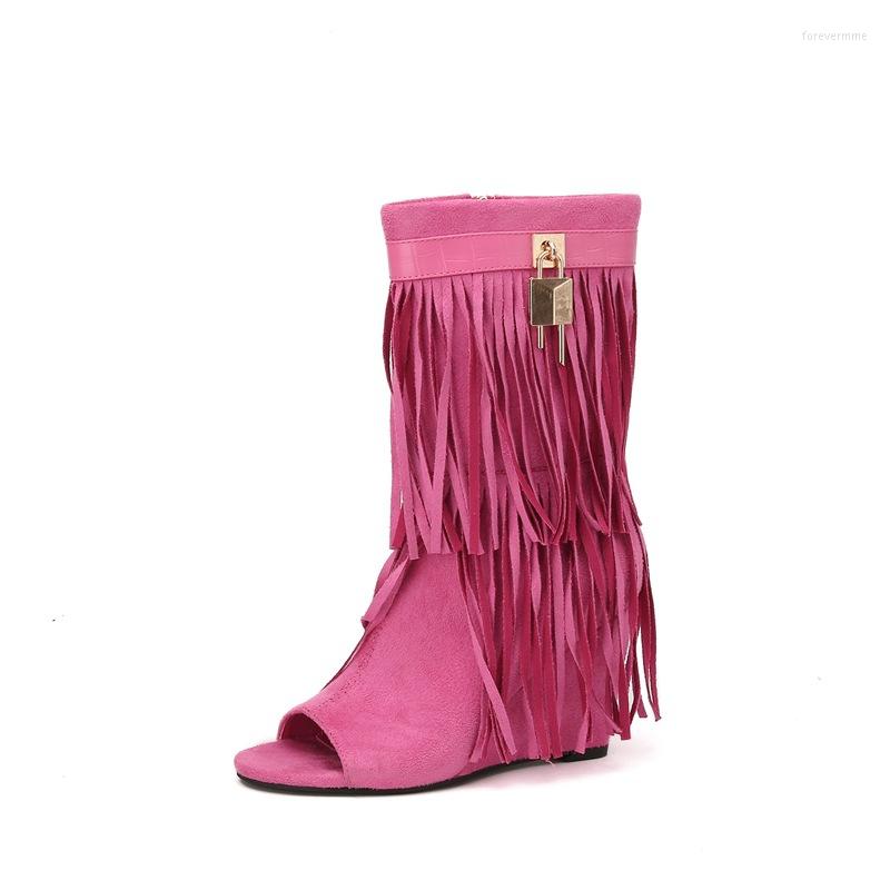 

Sandals LTATRA 2023 Fashion Open-toed Fishmouth Tassels Handmade Retro Simple Style Slope Heel Short Boots Female Ins ZL, Black