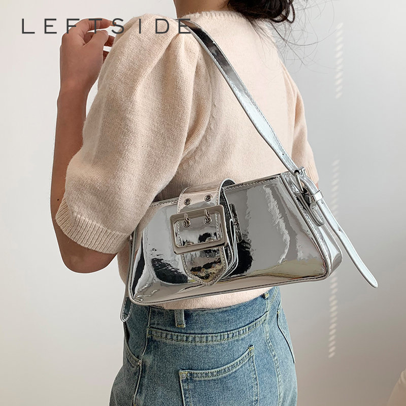 

Evening Bags LEFTSIDE Silver Shouder Bags for Women Spring Y2K Small Purse Glossy PU Leather Luxury Brand Female Underarm Handbags Pink 230509