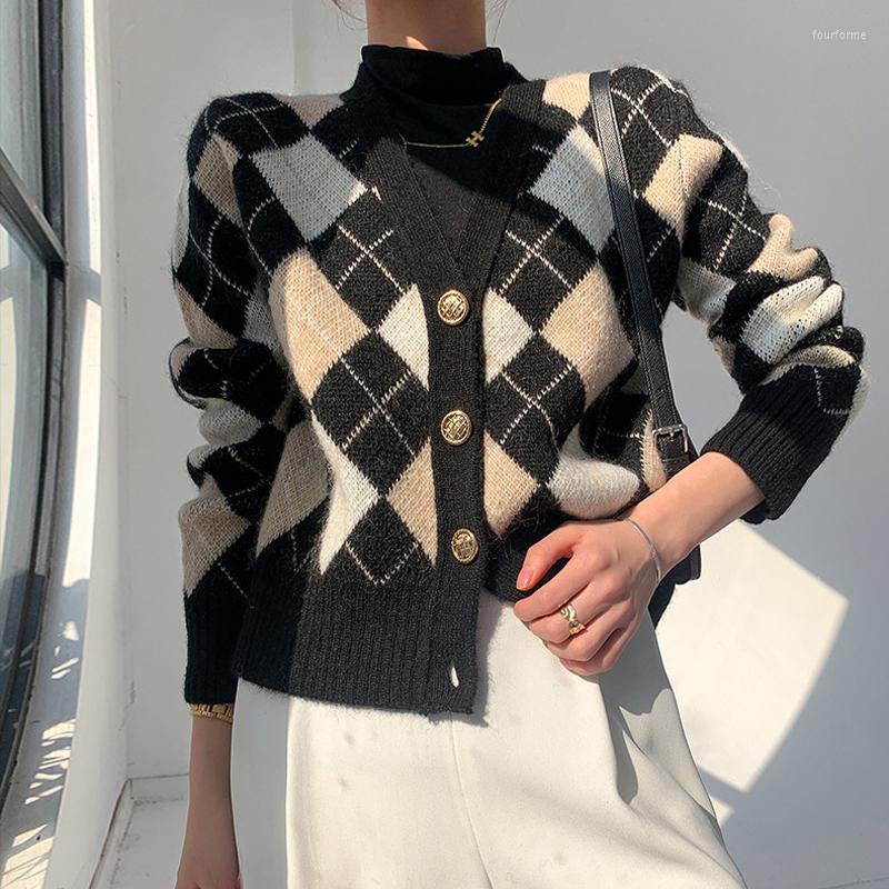 

Women' Knits JESSIC Vintage Argyle Plaid Oversize Knitted Cardigans Women Sweater Autumn Winter Fashion Single Breasted Pull Femme Jumpers, Jumper