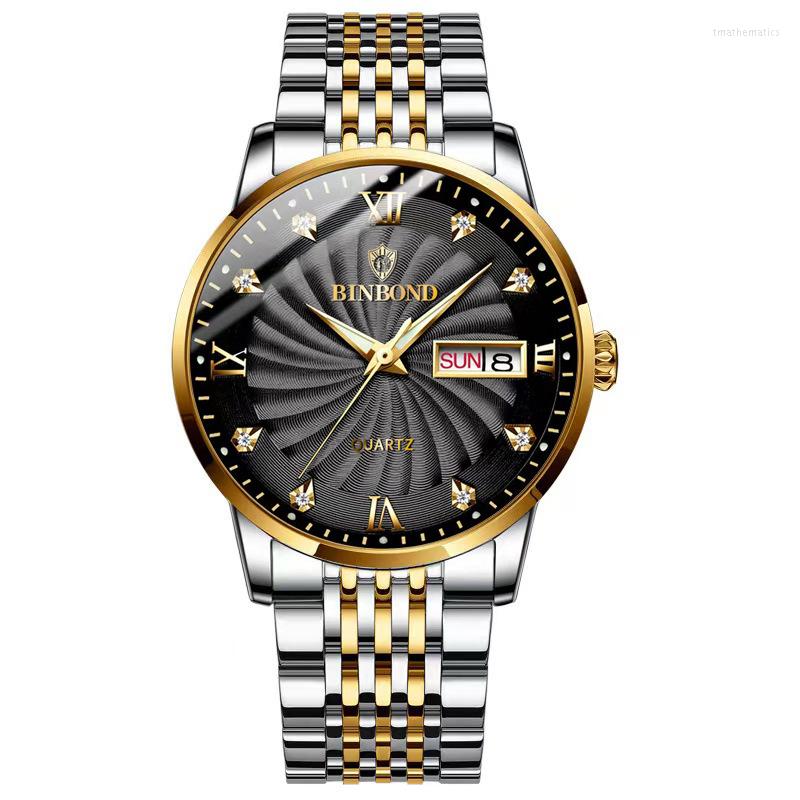 

Wristwatches Fashion Quartz Watch Steel Band Double Calendar Men's Waterproof Luminous Explosion Domineering Automatic Reloj, Black stk fa