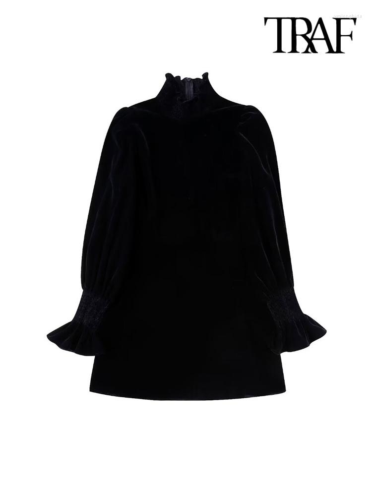 

Casual Dresses Women Fashion With Ruffled Cuffs Velvet Mini Dress Vintage High Neck Back Zipper Female Vestidos Mujer, Picture shown