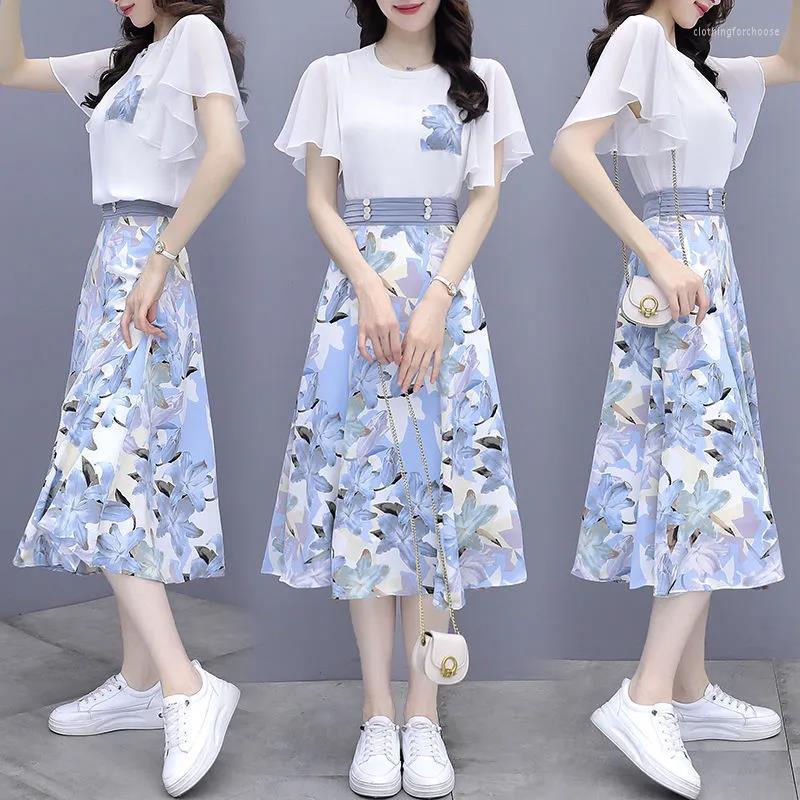 

Casual Dresses Chiffon Dress Suit Women's Summer Classic Style Fashion Wear Sports Floral Skirt Two-Piece Set, Blue