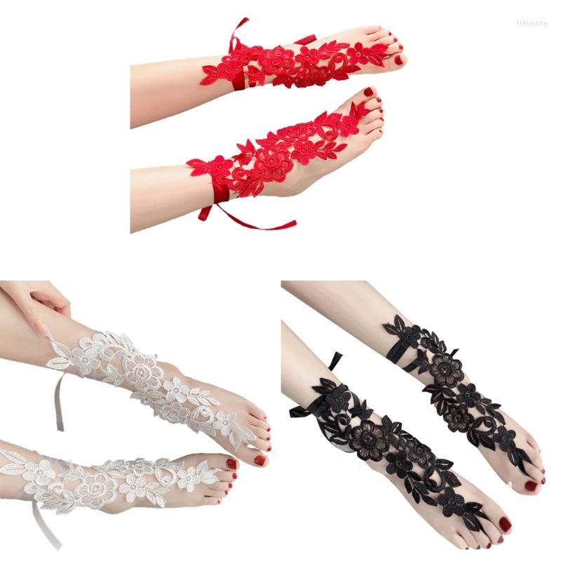 

Anklets Sexy Lace Embroidery Anklet With Toe Ring Romantic Floral Barefoot Sandals Slave Bridal Wedding Foot Jewelry