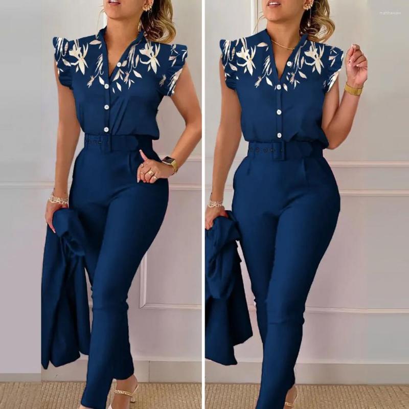 

Women' Two Piece Pants 2Pcs/Set Tracksuit Set Elegant Matching Belt Summer Outfits Office Lady Shirt Top Long Pant Suits Female Clothes, Blue