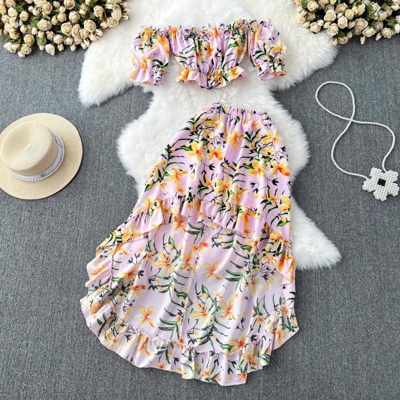 

Work Dresses Fashion Two Piece Skirt Set 2023 Summer Women' Strapless Ruffles Slim Short Sleeve Blouse High Waist A-line Flower Print, Yellow