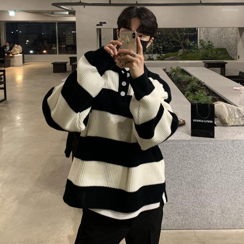 

Men's Sweaters Fashion Winter Stripe Lapel Sweater Men Warm Casual Knit Pullover Korean Loose Long Sleeve Mens Jumper Clothes -2XL, Black